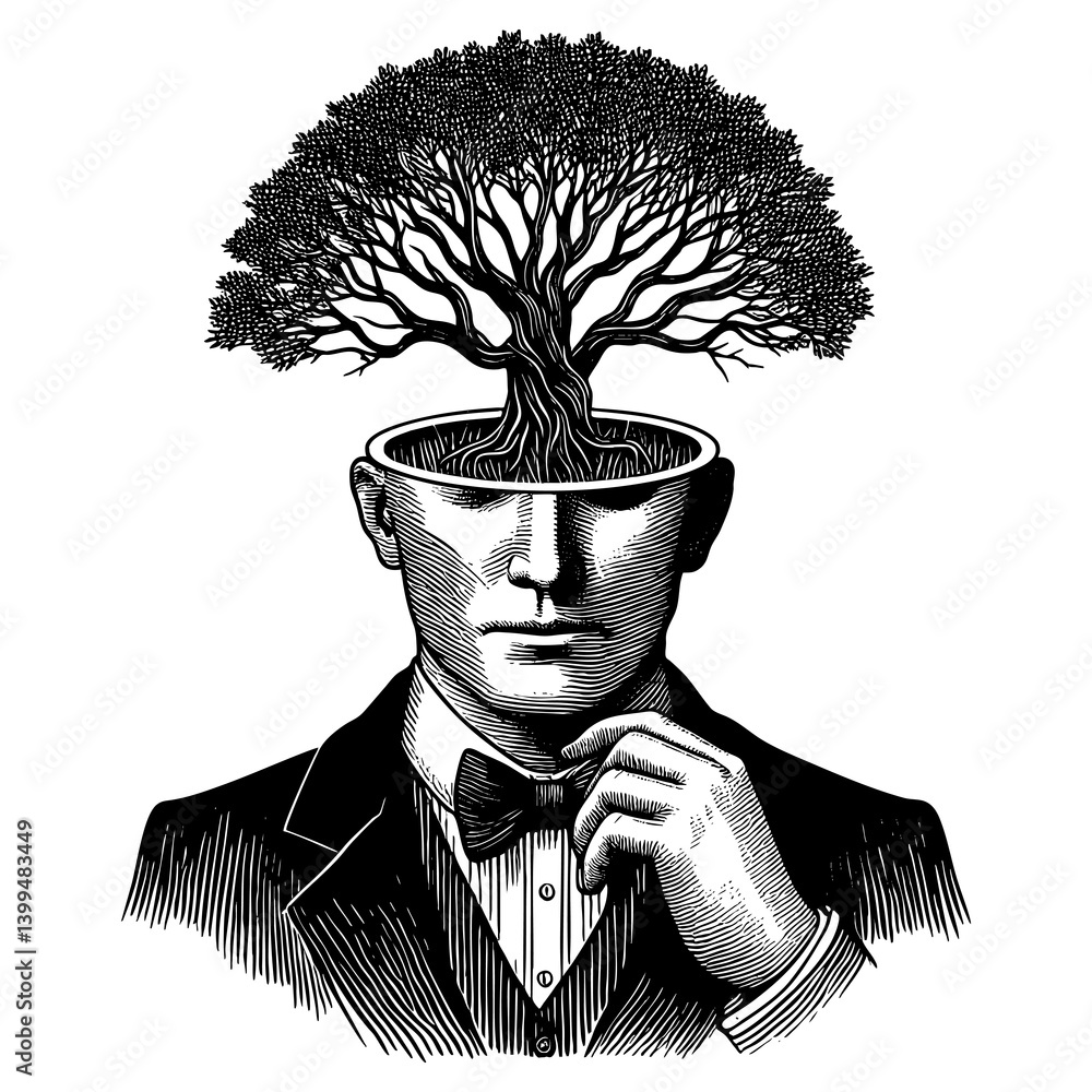 Poster man in a suit with a tree growing from his open head, symbolizing knowledge and growth sketch engrav