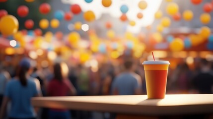 A colorful beverage sits prominently at a lively festival scene, capturing the festive atmosphere with people and decorations in the background.