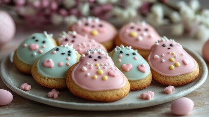 Colorful hedgehog-shaped Easter cookies on plate, pink and mint icing, flowers in background