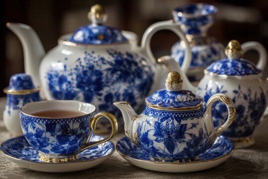 Elegant blue and white porcelain tea set arranged on a table showcasing intricate floral designs and fine craftsmanship, perfect for tea time and social gatherings, tea culture concept