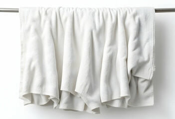 A vibrant White microfiber towel hangs from a rustic wooden rod. Soft fabric drapes elegantly, suggesting a cozy and clean atmosphere.
