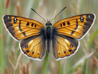 Obraz premium A butterfly with orange and black wings white edges and spots perched on a green blade of grass