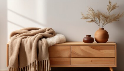 Relaxed organic vibe with a cozy wool throw and minimalist oak console