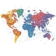 Fototapeta premium Global interconnectedness. A visual representation of worldwide people connections through a network of lines. Globally diverse people are represented, showcasing a global community