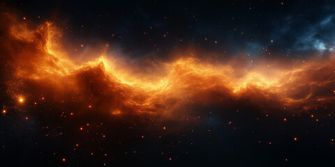 Abstract space nebula: fiery orange and gold cosmic clouds with scattered stars in a dark universe background
