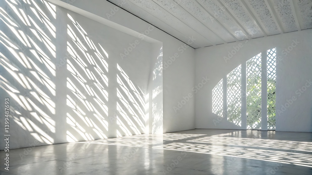 Poster sunlight streams through patterned windows, casting intricate shadows on white walls.