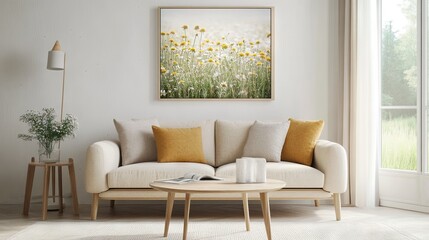 Fototapeta premium Bright meadow with wildflowers photo print in soft pastel tones on canvas