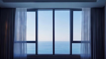 Daylight streaming through half-open motorized curtains over panoramic window