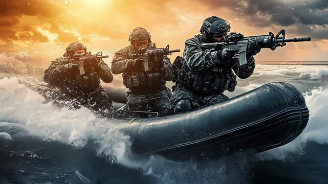 Three soldiers on a tactical boat preparing for action at sunset.