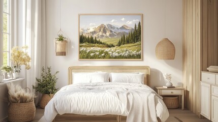 Framed mountain landscape art hanging on a minimalist wall with soft lighting