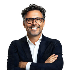 Business middle aged man smiling with arms crossed on white background, png, cut out