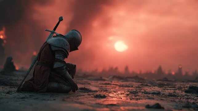 A lone knight kneels in prayer after a battle the setting sun casting a blood red glow over the ravaged battlefield