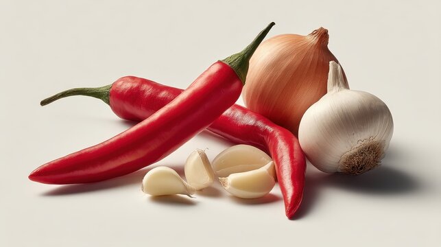 Lateral side view of fresh red chili pepper, onion rings, and garlic cloves isolated on a white background. The vibrant colors and textures create a striking contrast.