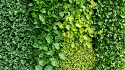 A diverse range of leafy greens growing in a vertical hydroponic system,