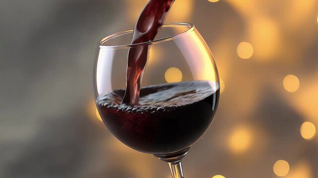 Wine pouring into a glass, close up, showing liquid flow and texture with a bokeh background creating a warm, inviting atmosphere