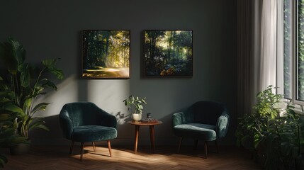 Lush forest wall print with sunlight peeking through trees on a soft grey wall
