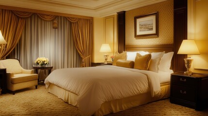 Luxury bedroom with fully automated blackout curtains drawn closed
