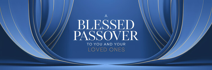 flowing blue drapes and white text that says "A BLESSED PASSOVER TO YOU AND YOUR LOVED ONES," exuding sophistication and celebratory warmth.