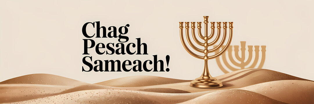 Two menorahs against a beige patterned backdrop accompany the text "Chag Pesach Sameach," evoking the festive spirit of Passover with light and warmth.