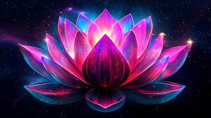 A vibrant, cosmic lotus flower with glowing petals against a starry backdrop, symbolizing beauty and tranquility.