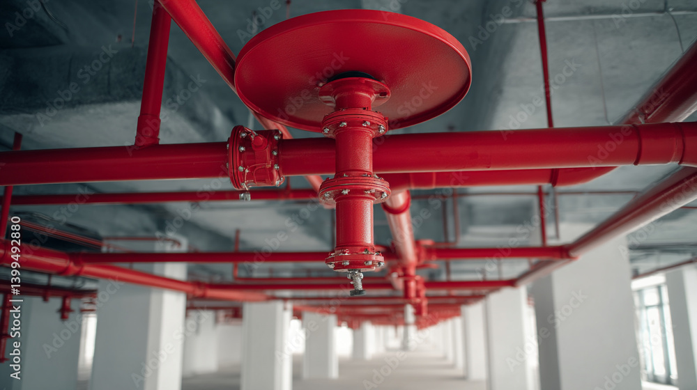 Poster red fire sprinkler system on the ceiling of a building with white support columns and concrete ceili