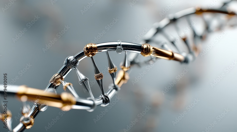 Poster abstract 3d rendering of a dna double helix structure in silver and gold close up view of intricate 