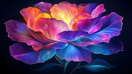 A vibrant, multicolored flower with swirling petals against a dark background, showcasing a blend of warm and cool hues.