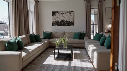 This stylish living area showcases a spacious and inviting sofa, vibrant greenery, and chic contemporary decor