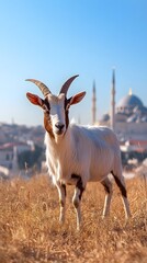Obraz premium Close-up of goat in field with Islamic dome and mosque in background