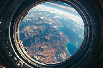 Fototapeta premium Earth viewed from space through a porthole. A breathtaking vista of mountains, valleys, and coastline, showcasing the beauty and fragility of our planet