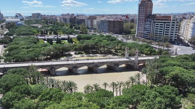 Turia Gardens At Valencia In Valence Community Spain. Leisure Park Scenery. Downtown Cityscape. Valencia At Valence Community Spain. Cultural Heritage Skyline. Urban Scene.