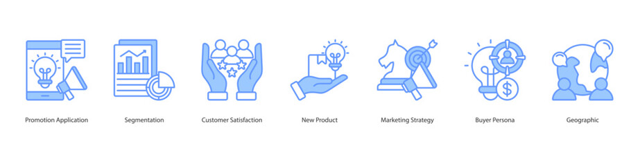 Market Segmentation icon sheet style outline vector promotion application, segmentation, customer satisfaction, new product, marketing strategy, buyer persona, geographic