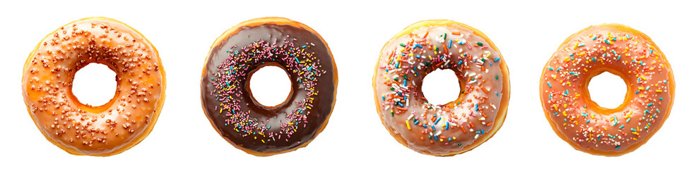 Set of colorful glazed donuts isolated on white background, cut out PNG for bakery menu or sweet dessert design