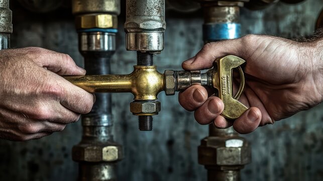 Precision image of a plumbers hands tightening a brass shut-off valve with a large wrench, perfectly aligned pipes in the