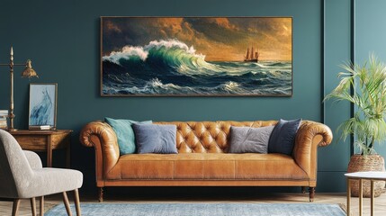 Stormy sea with crashing waves depicted in a moody, cinematic wall print
