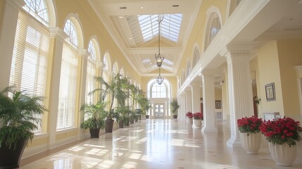 Sunlit hallway with imported blinds filtering glare through high transom windows