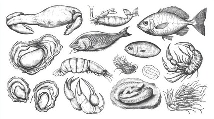 Seafood vector illustrations: Hand-drawn sea fishes, oysters, lobster, squid, crabs, prawns, fish fillet, seaweeds