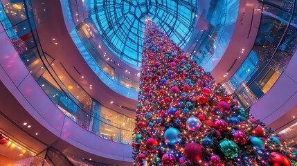 Grand Christmas tree inside a modern shopping mall