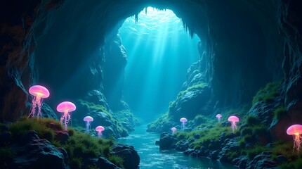 Enchanting Underwater Cave with Glowing Jellyfish