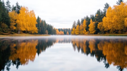 Autumnal lake scenery.  Golden foliage mirrored in calm water. Misty morning