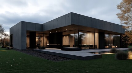 Obraz premium Modern, minimalist concrete house with large windows overlooking a landscaped garden. Exterior features a dark grey concrete facade, contemporary design. Interior visible through expansive glass.