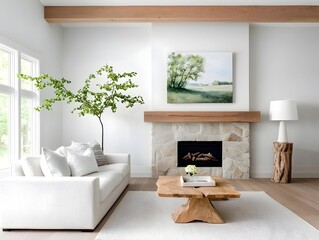 Inviting farmhouse style living room with warm neutral palette plush linen sofa natural wood accents stone fireplace mantel adorned with fresh greenery large windows providing ample natural light