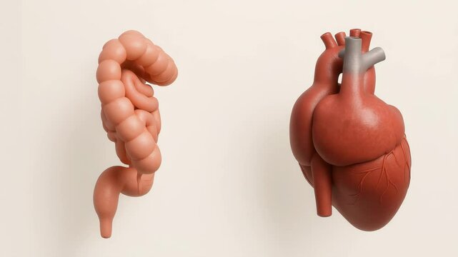 An illustrates the gut-cardiac axis (gut heart axis) by displaying the human digestive system and heart side by side, emphasizing their physiological connection.
