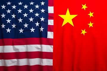 Fototapeta premium American flag and China flag in the background. USA finance, government, and economics concept. Trade war. Tax and tariff concept
