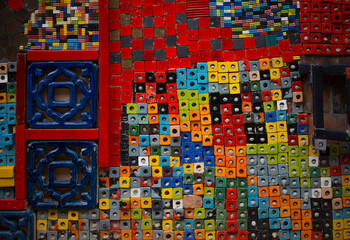Colorful tiles in a shop window at the market in Essaouira, Morocco