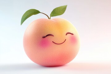 A cute, smiling peach with leaves, rendered in 3D, evokes happiness and sweetness.