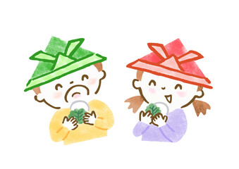 紙の兜をかぶって柏餅を食べる男の子と女の子の手描きイラスト（こどもの日）