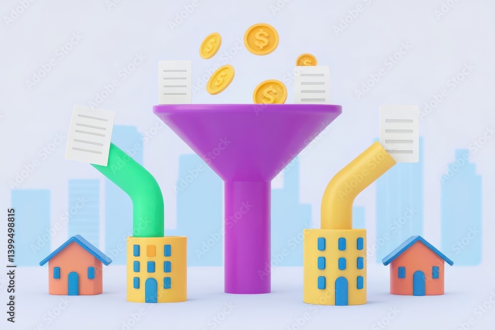 Poster a colorful illustration depicting a funnel processing documents and generating coins, symbolizing fi