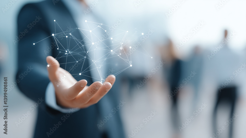 Poster man in suit holding a digital network in his palm with blurred figures in the background