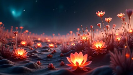 Obraz premium Glowing Lotus Flowers Field Night Bloom Fantasy Landscape